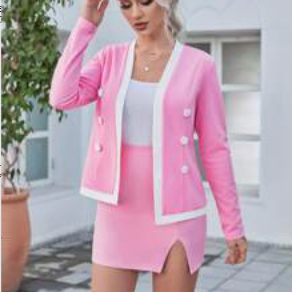 Pink Suit + Skirt Set with White Trim - Picture 3 of 3